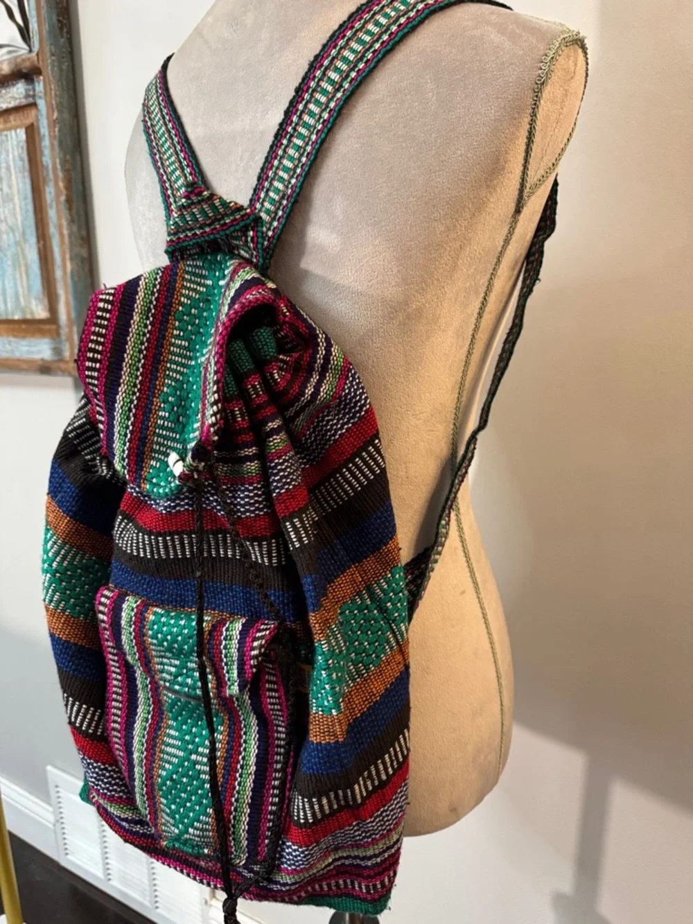 Pinzon Handwoven Green Striped Boho Backpack - Ethnic Pattern